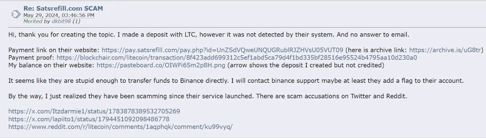 Satsrefill balance was never updated